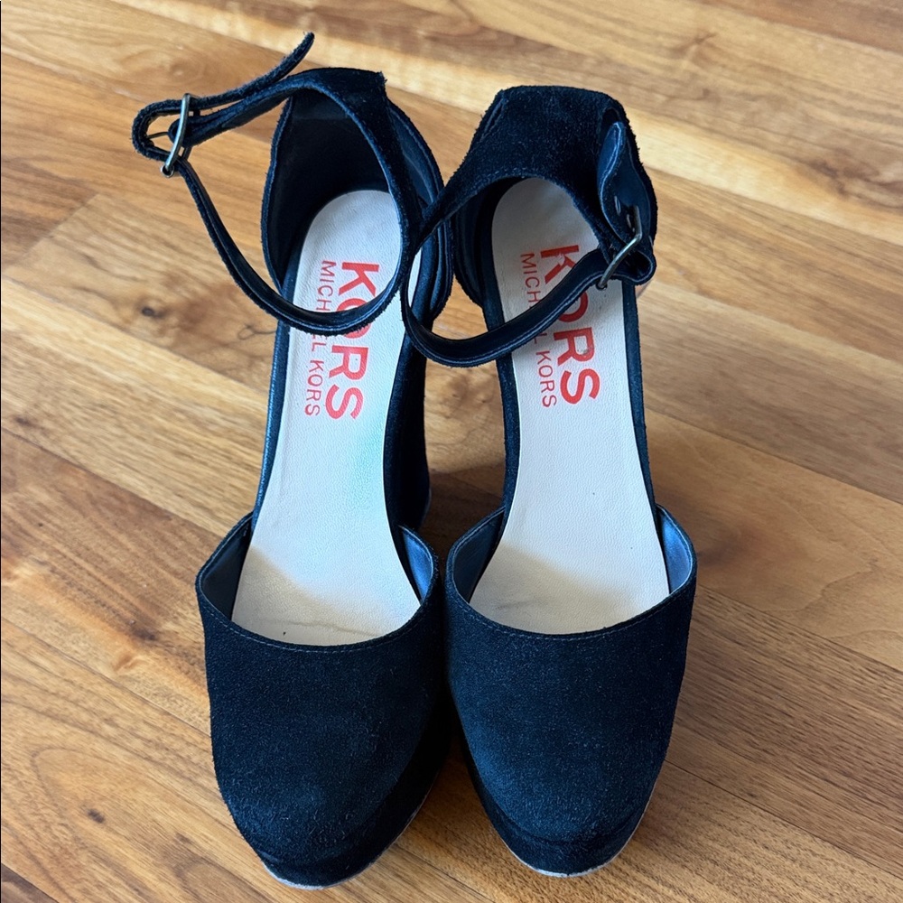 Michael Kors Black Suede Ankle Strap Heels | Classic Wedge